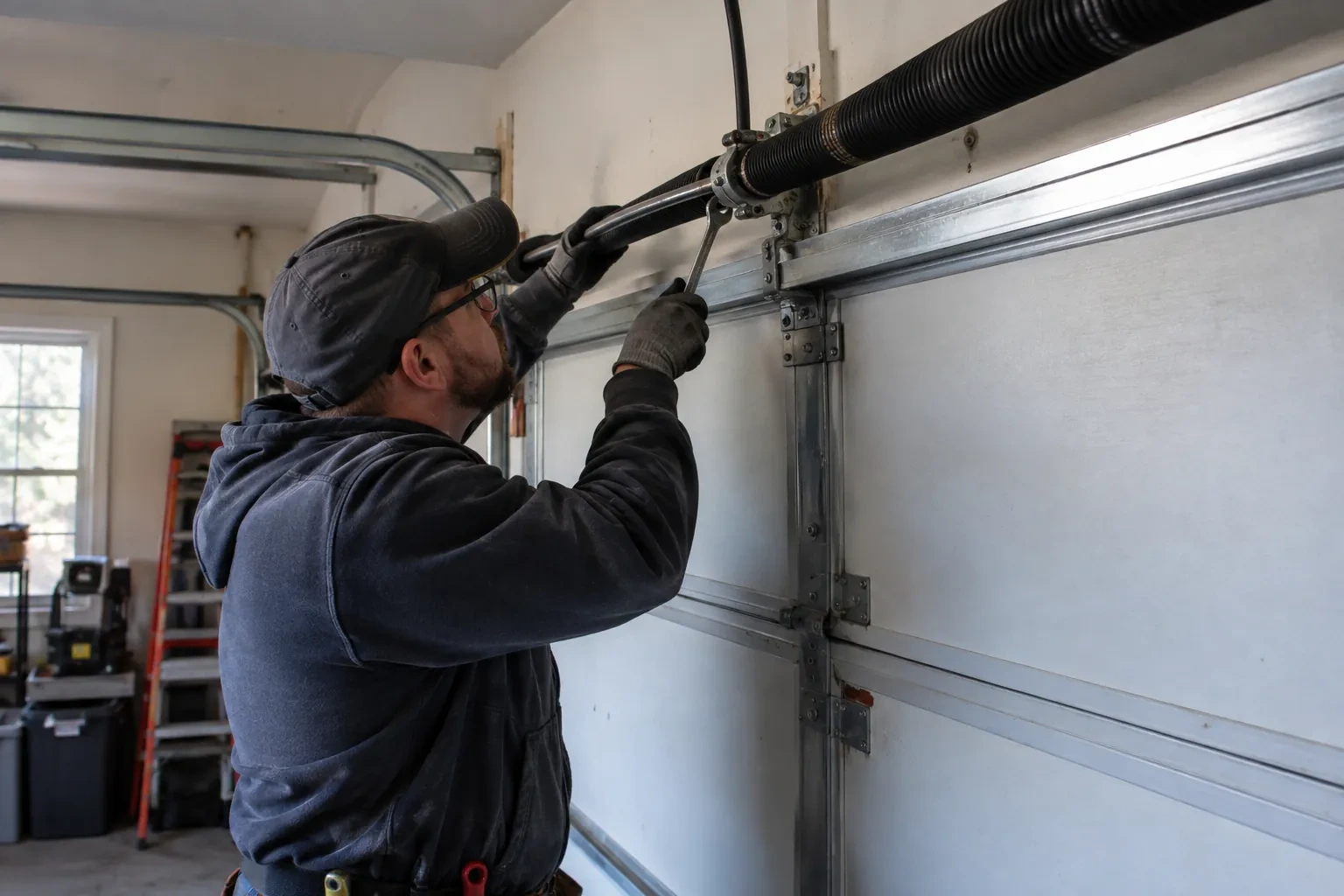 Illustrative garage doors scene; not an actual job