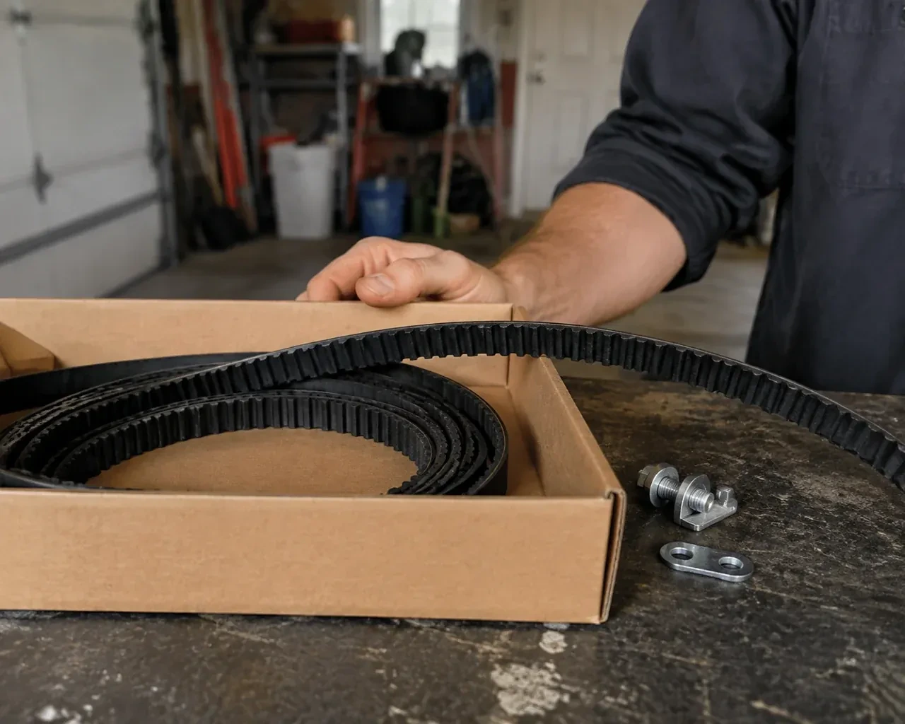 A toothed black drive belt lies in an open cardboard box beside small metal fittings on a garage workbench. — Belt-Drive Opener Repair, Woolwich