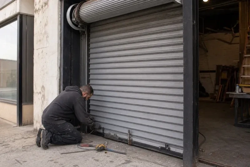 Person kneeling beside the bottom of a metal rolling door with tools on the ground — Commercial Rolling Door Repair, Woolwich