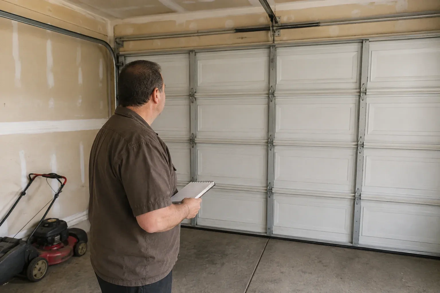 Technician holding a notebook while looking at a closed sectional door. — Garage Door Balance Adjustment, Woolwich
