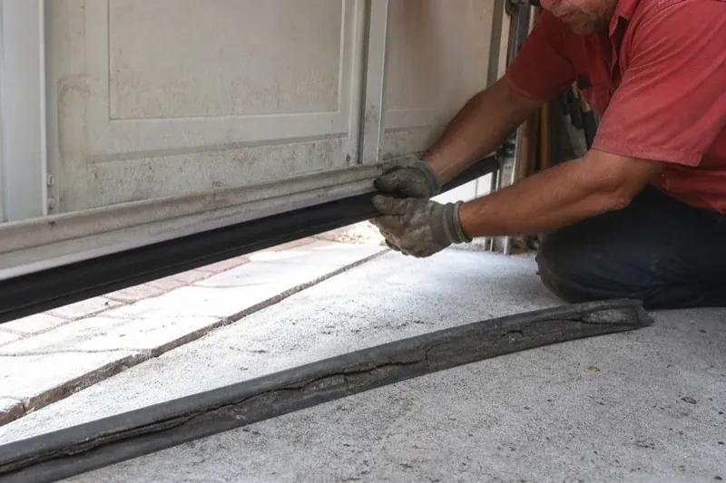 Person fitting a black strip along the bottom edge of a partly raised garage door, with a cracked strip lying on the floor. — Garage Door Bottom Seal Replacement, Woolwich