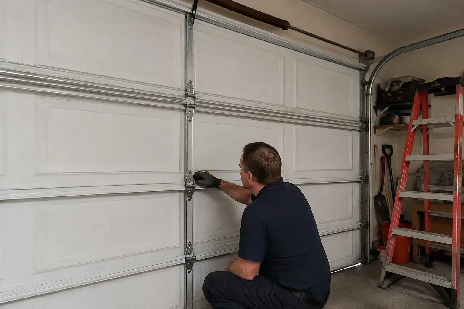 A person examines a central hinge joining two sections of a closed garage door. — Garage Door Hinge Replacement, Woolwich