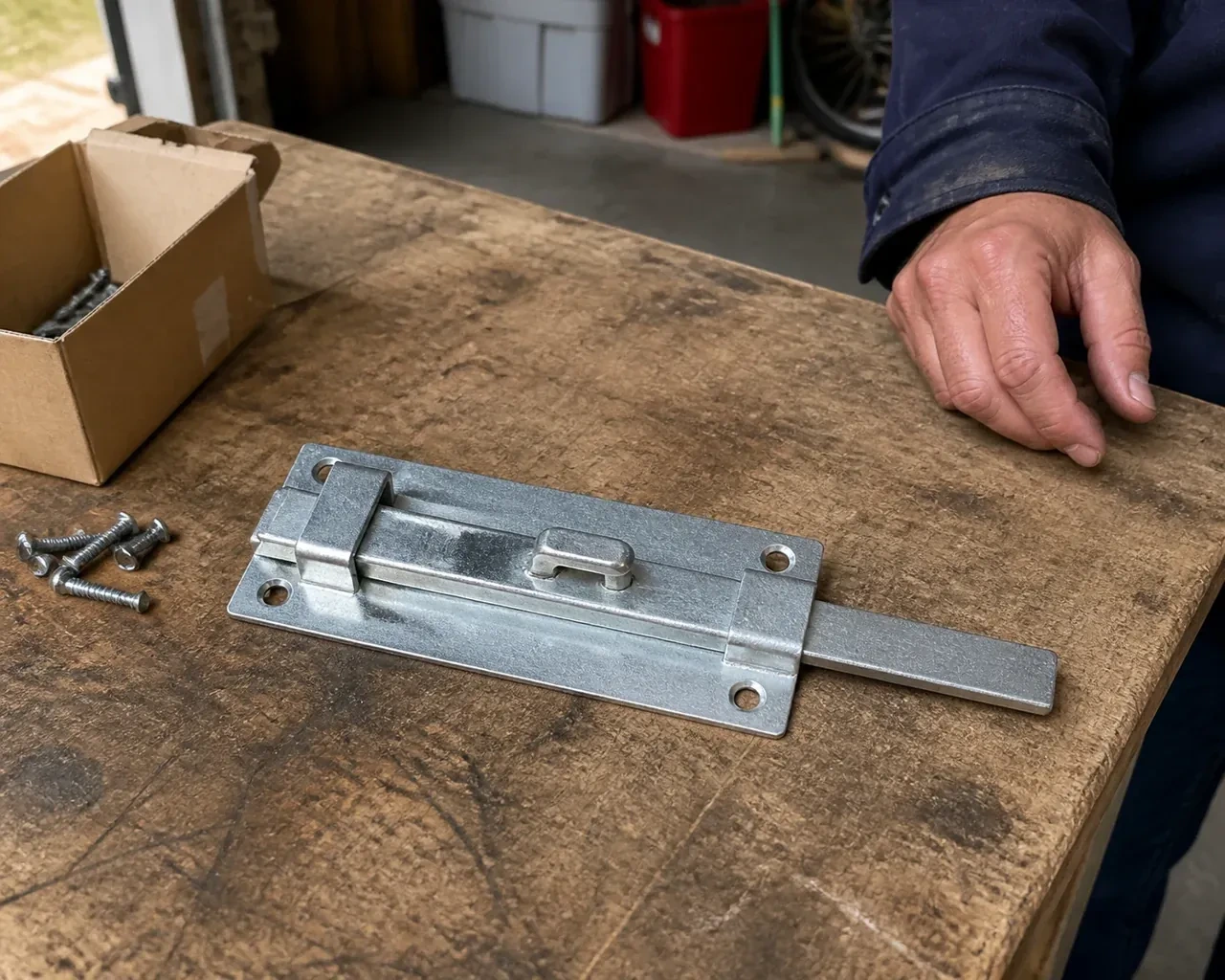 A detached metal slide bolt with mounting holes and retaining guides rests beside screws on a workbench. — Garage Door Manual Lock Repair, Woolwich