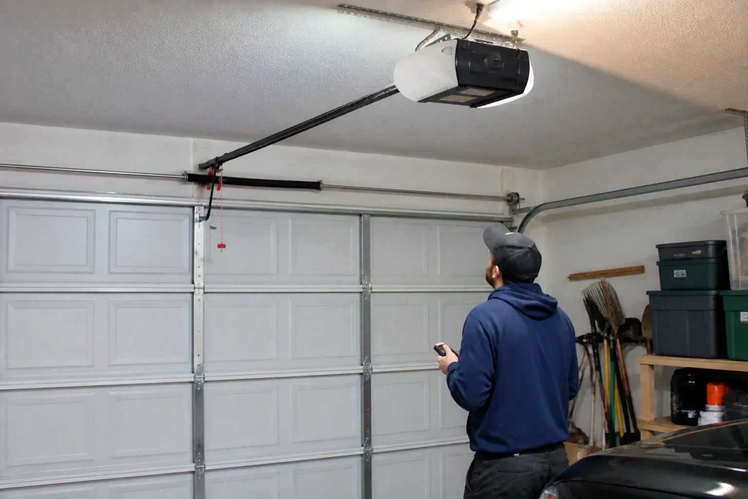 A person holding a remote looks toward an overhead garage-door opener and rail. — Garage Door Opener Diagnosis and Repair, Woolwich