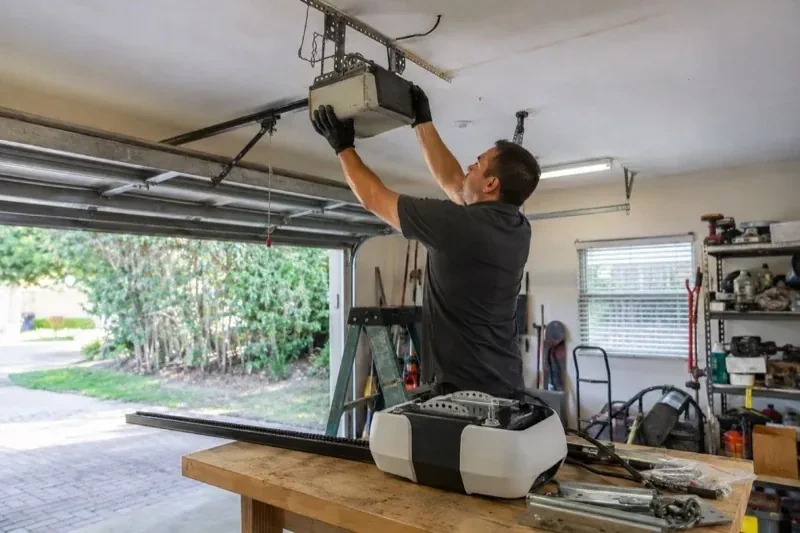 Person holding an overhead garage-door opener beside another opener and hardware on a workbench — Garage Door Opener Replacement, Woolwich