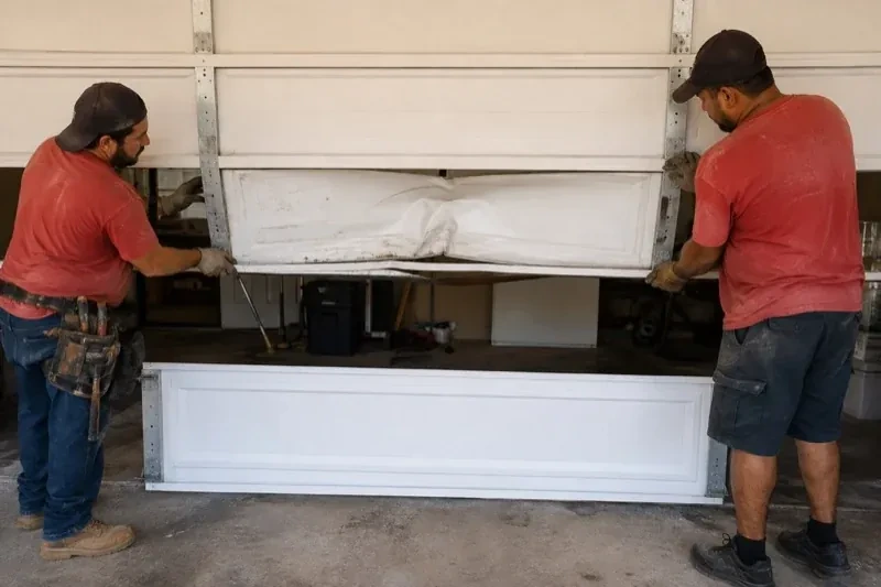 Two people holding a dented lower garage-door section above a separate white panel resting on the ground. — Garage Door Panel Replacement, Woolwich