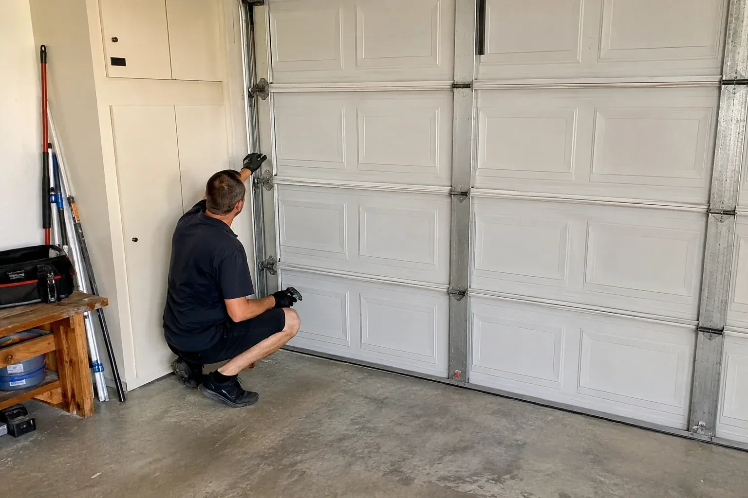 A person kneels beside the side track and hinges of a closed sectional garage door. — Garage Door Safety Inspection, Woolwich