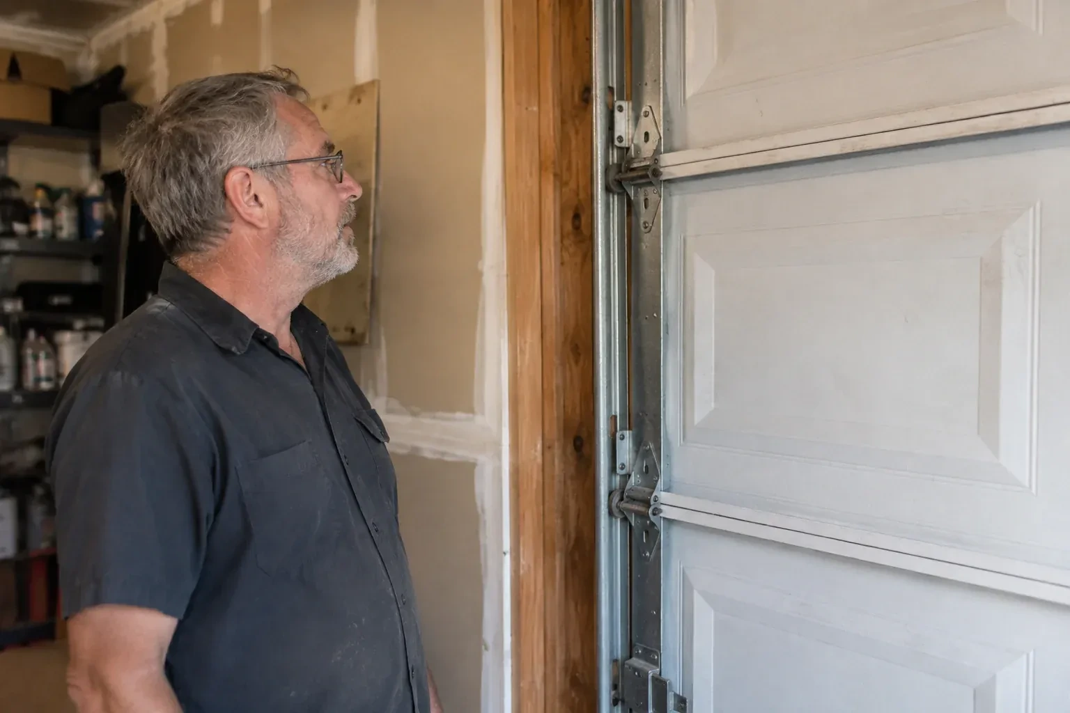 Technician looking at vertical garage door track and edge hinges. — Garage Door Track Repair or Replacement, Woolwich