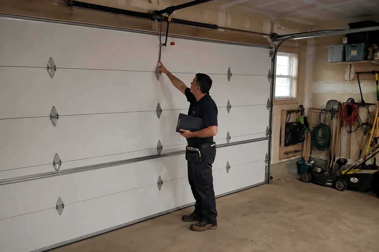 A person holding a clipboard examines the interior hardware of a closed garage door. — Garage Door Tune-Up, Woolwich