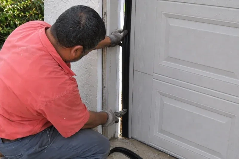 Gloved person holding a black strip along the side of a sectional garage-door opening — Garage Door Perimeter Weatherstrip, Woolwich