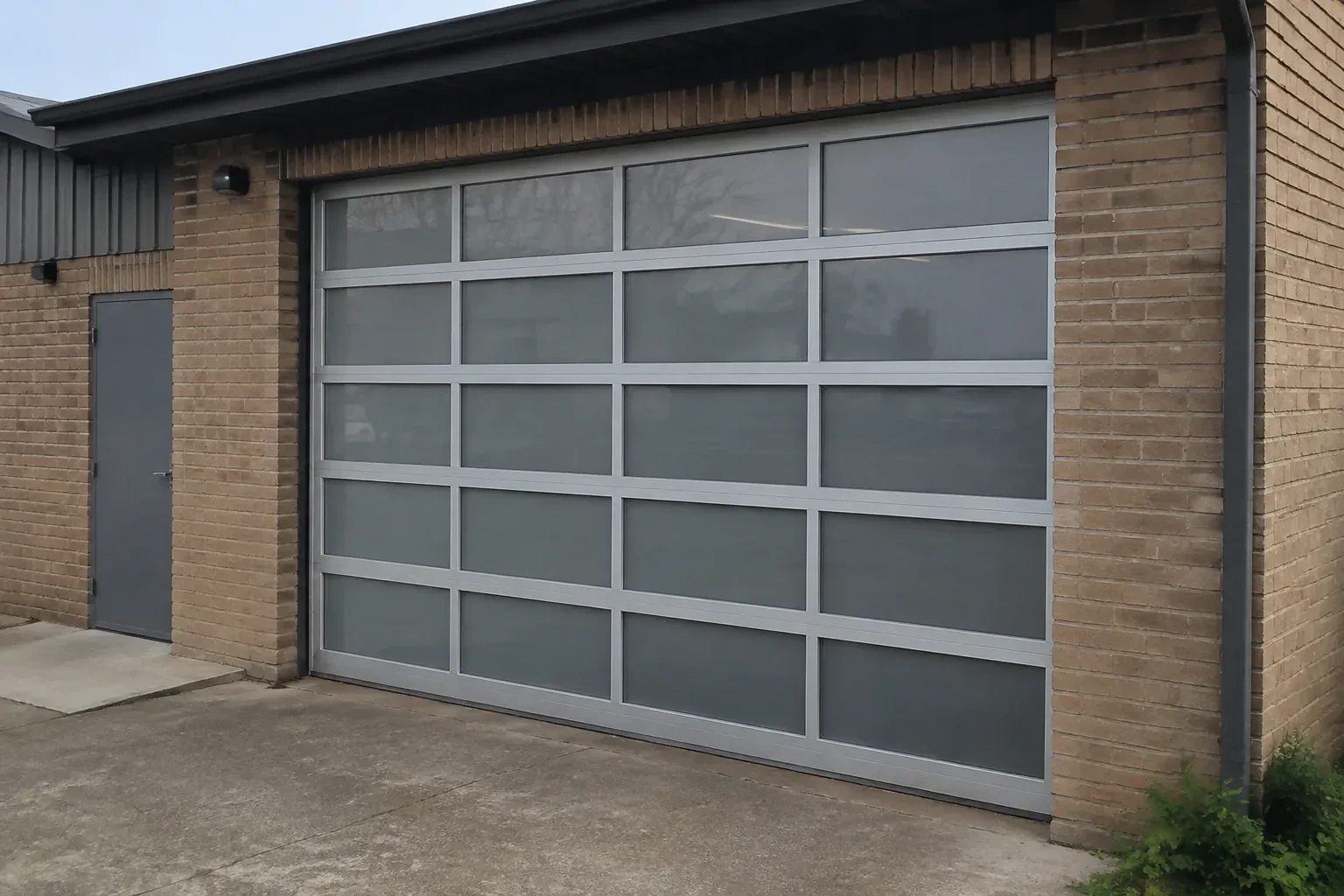 Closed glazed sectional door in a grey metal frame at a brick workshop. — Full-View Glass Garage Door Installation, Woolwich