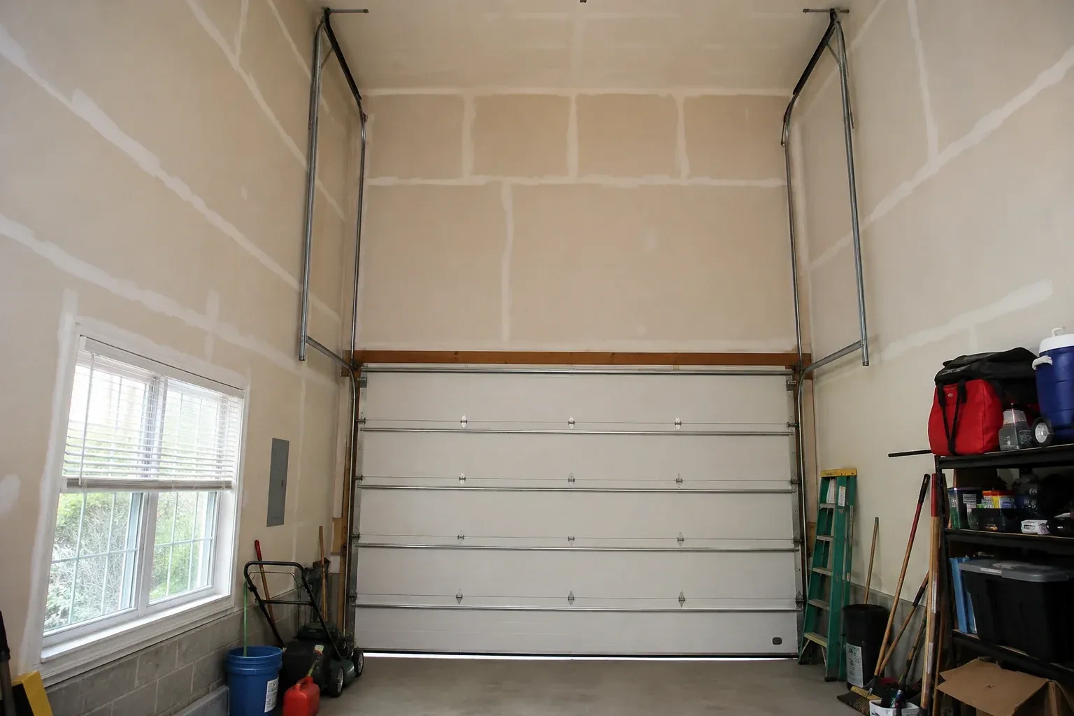 Tall garage interior with a sectional door and tracks extending into overhead space. — High-Lift Garage Door Conversion, Woolwich