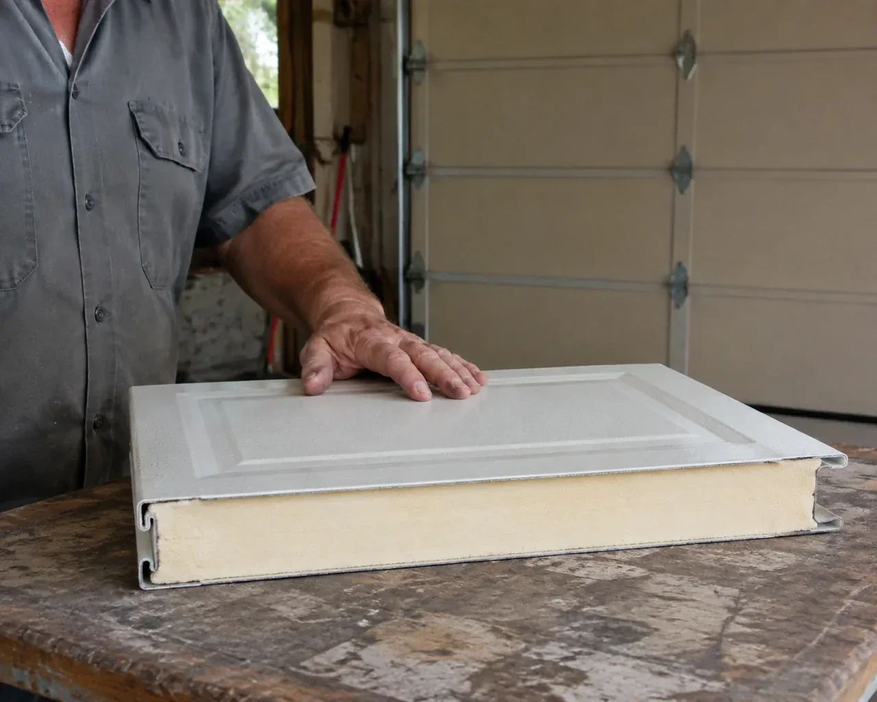 A panel sample exposes a cream foam core between thin metal faces on a garage workbench. — Insulated Steel Garage Door Installation, Woolwich