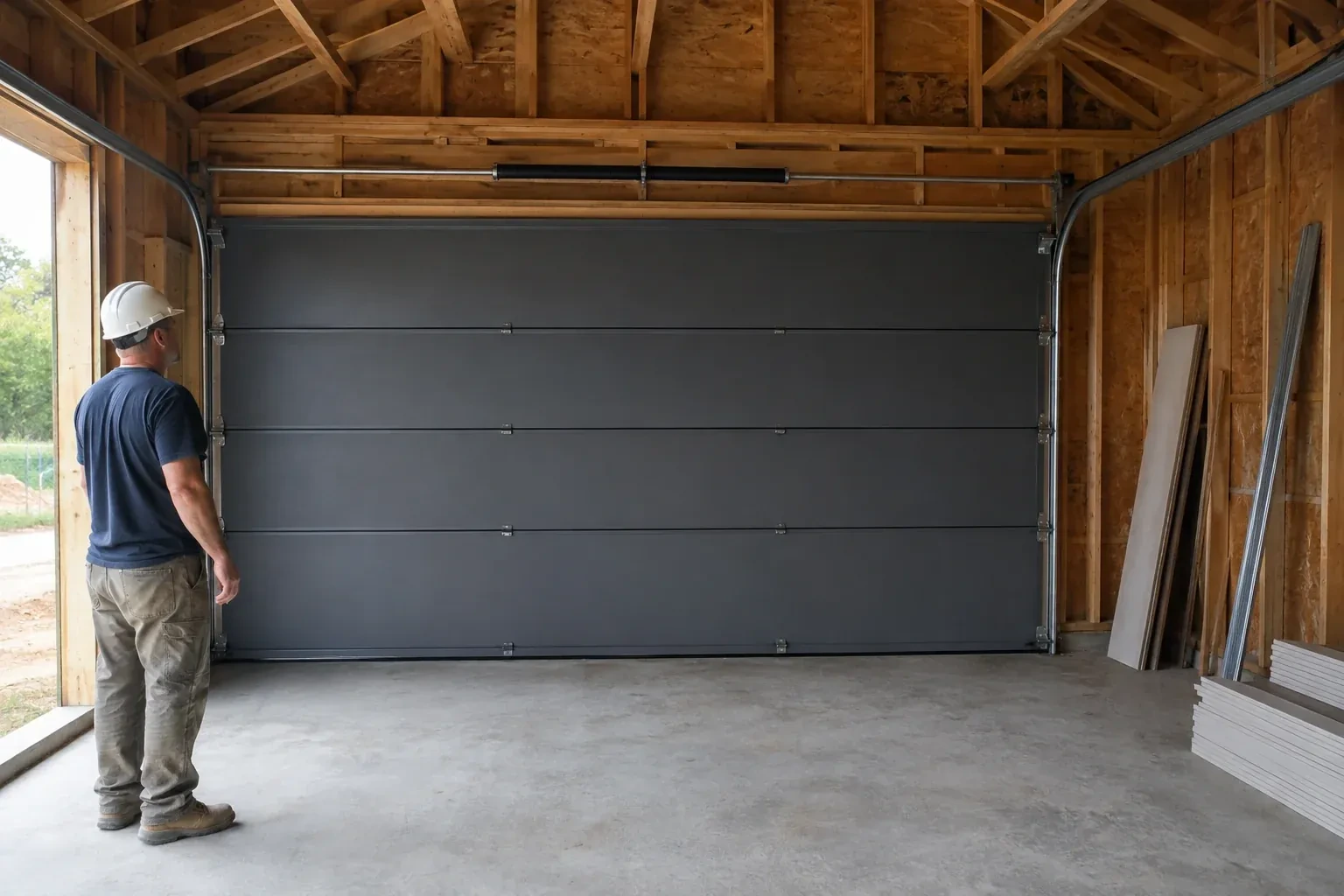 A person wearing a hard hat stands beside a dark sectional door in an unfinished timber-framed garage. — New-Construction Garage Door Installation, Woolwich