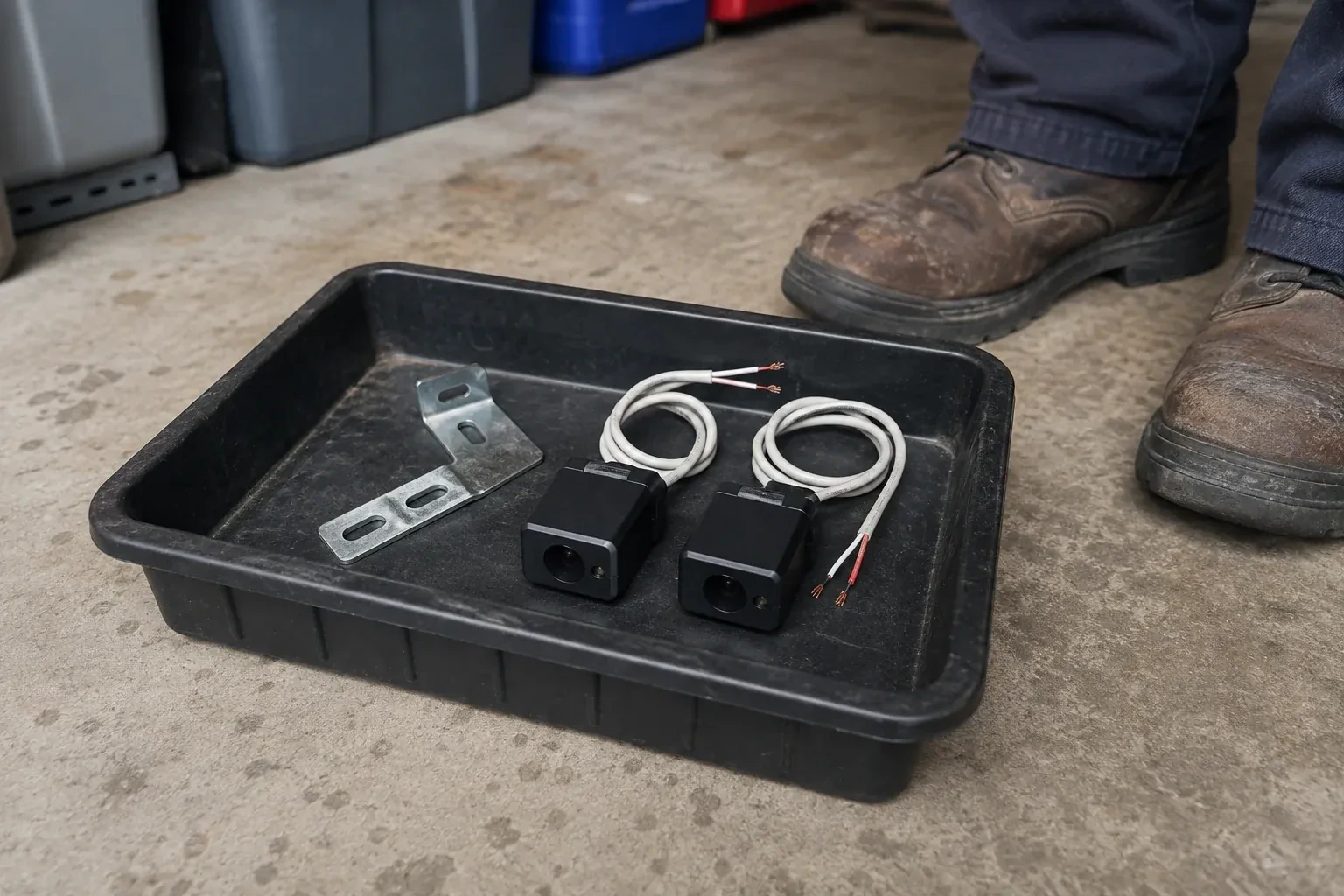 Two detached black sensors with recessed lenses and coiled wires lie in a tray beside a mounting bracket. — Photo-Eye Sensor Alignment or Replacement, Woolwich