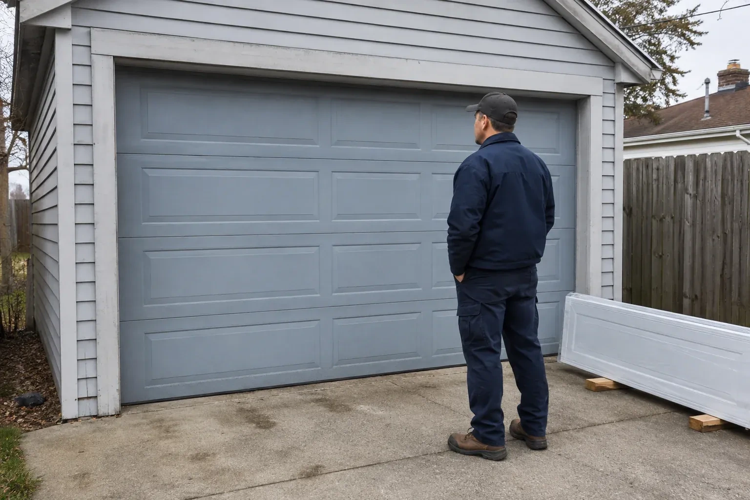 A person examines a blue-grey sectional garage door with a packaged door panel resting beside the driveway. — Sectional Garage Door Replacement, Woolwich