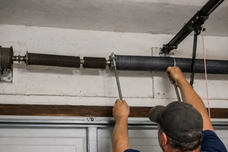 Person holding metal bars beside exposed coiled springs above a garage door. — Torsion Spring Replacement, Woolwich